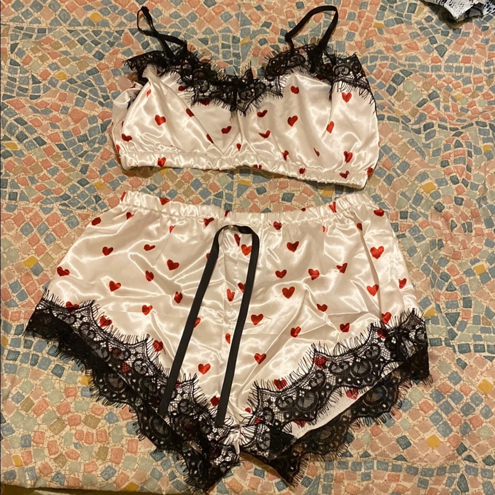 Heart Print Satin Lingerie Set